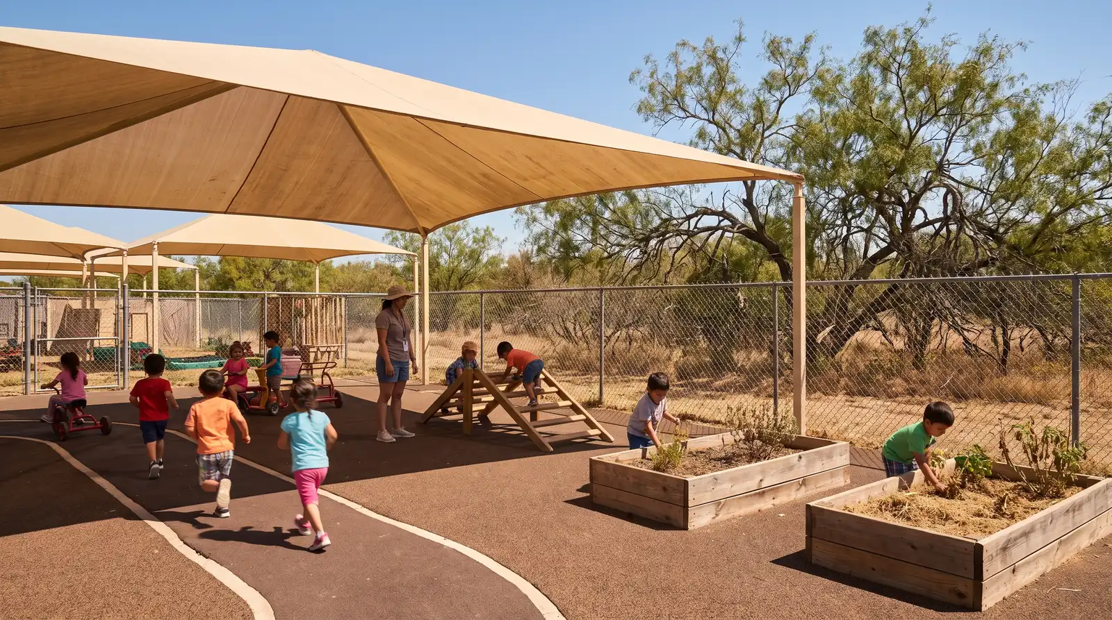 Shade sails over the playground on a hot day